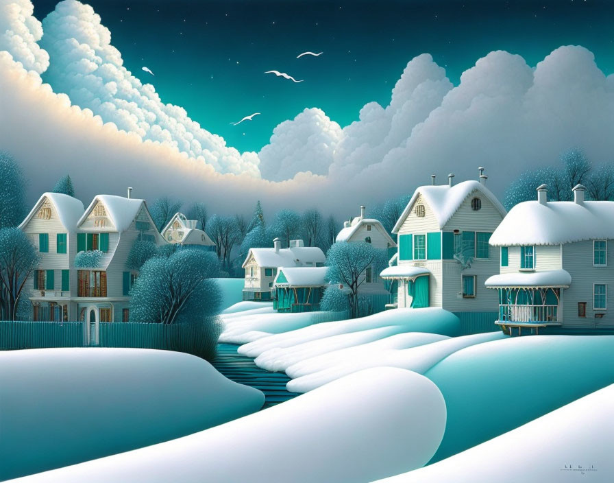 Snow-covered neighborhood with white houses, blue river, night sky.