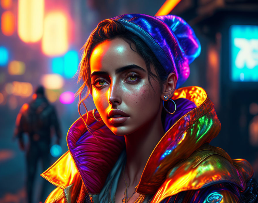 Colorful jacket and beanie on woman with striking eyes in neon-lit urban setting