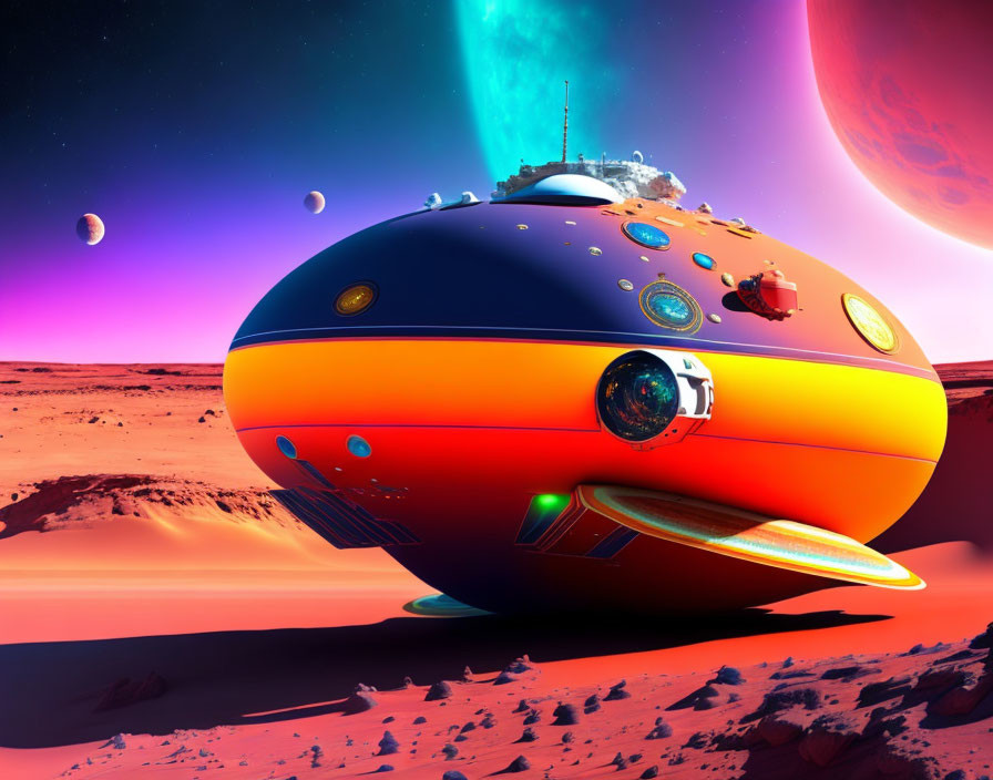 Multicolored spaceship on desert planet with celestial bodies and moons.