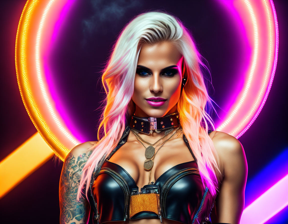 Blond and pink-haired woman with tattoos in black outfit on neon-lit backdrop