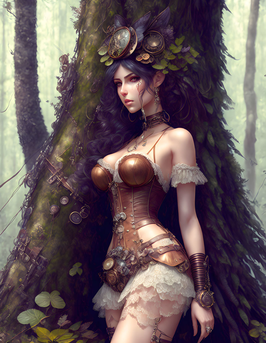 Steampunk-inspired woman with brass corset in enchanted forest