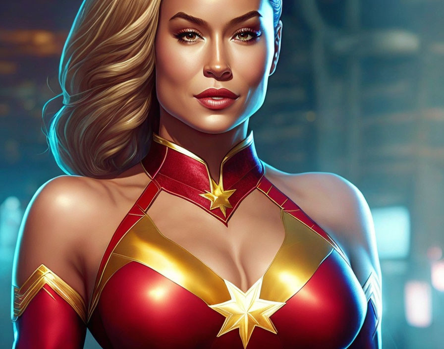 Blonde Woman in Red and Gold Costume with Star Emblem Illustration