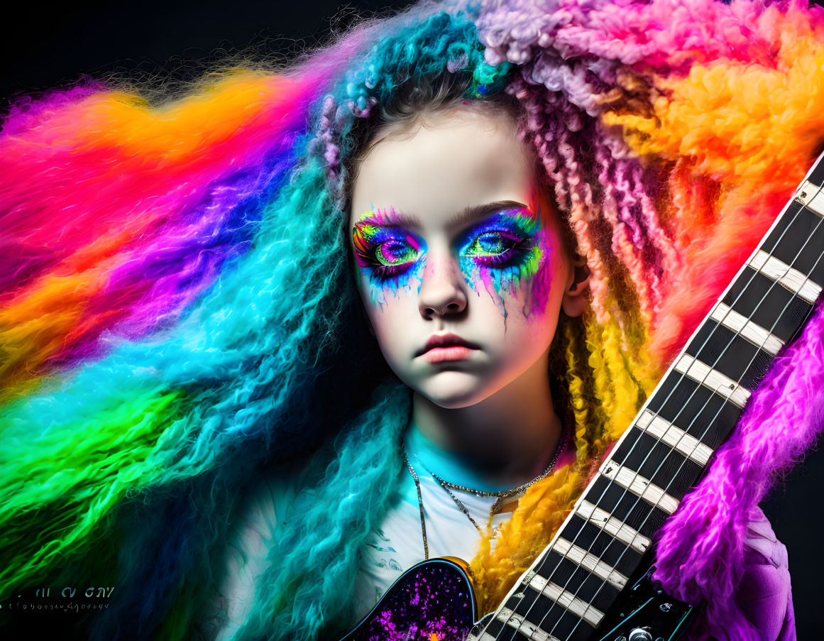 Child with Rainbow Hair and Colorful Eye Makeup Holding Guitar