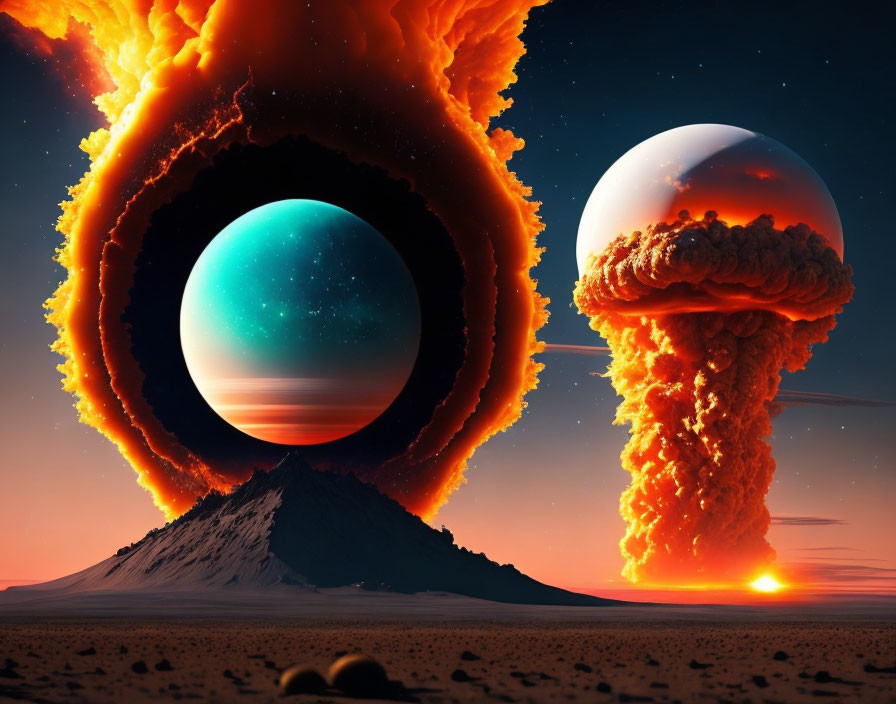 Surreal landscape with volcanic eruption and mushroom cloud against celestial backdrop