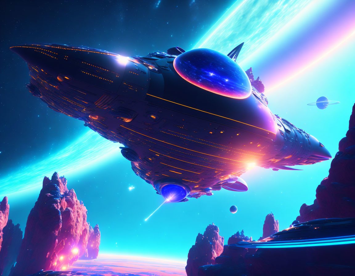 Futuristic spaceship with glowing blue engines over vibrant alien landscape