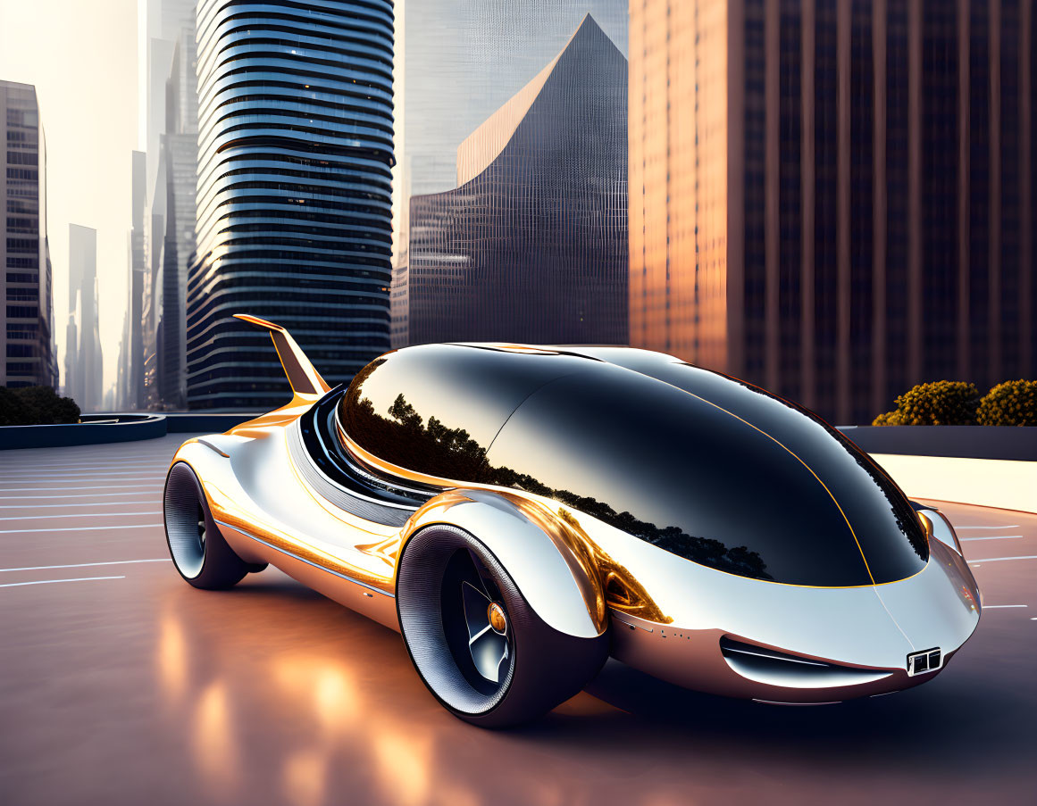 Sleek White Futuristic Car with Gold Accents and Black Glass Canopy