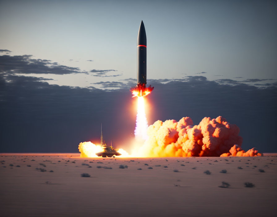 Rocket Launching with Intense Flames and Smoke in Twilight Sky