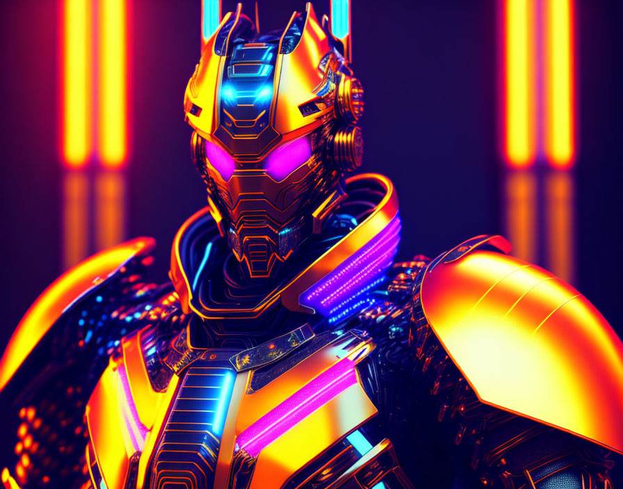 Armored robot with neon lights in front of warm-colored illumination tubes