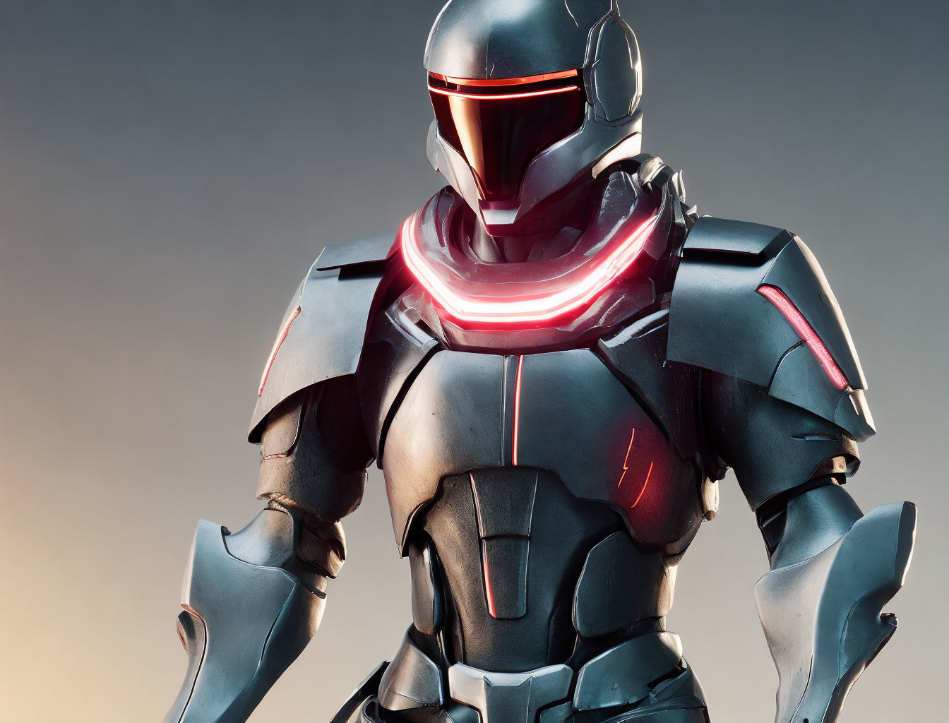 Futuristic armored suit with sleek helmet and red accents