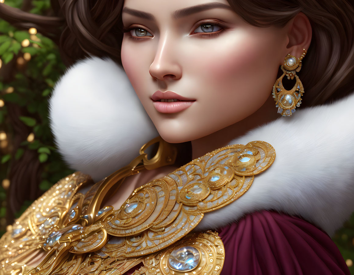 Detailed Close-Up Portrait of Woman with Gold Jewelry and Fur Garment Against Nature Backdrop