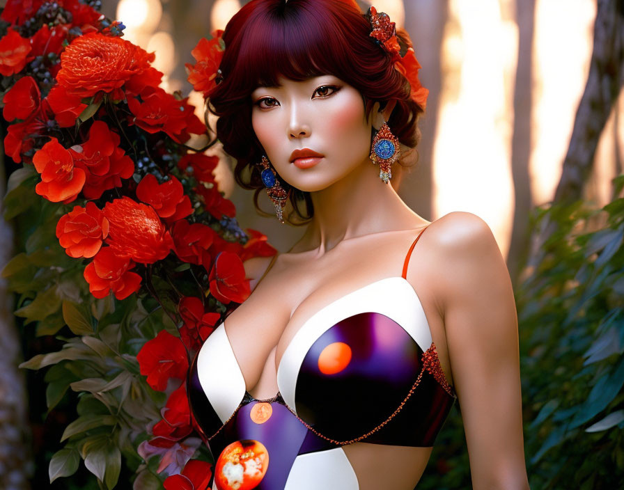 Stylish woman with floral jewelry in cosmic swimsuit among vibrant red flowers