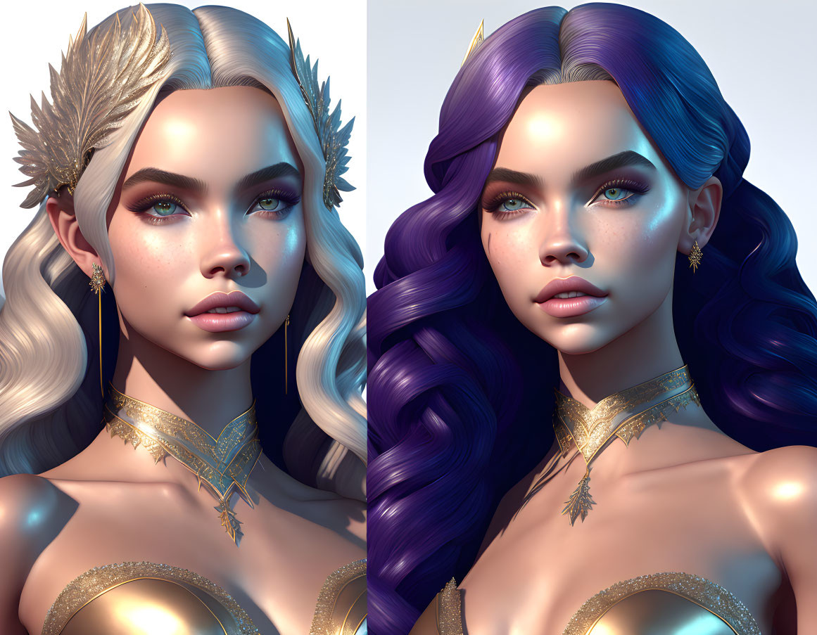 Digital artwork featuring two versions of a woman with elfin features and distinct hair colors and accessories.