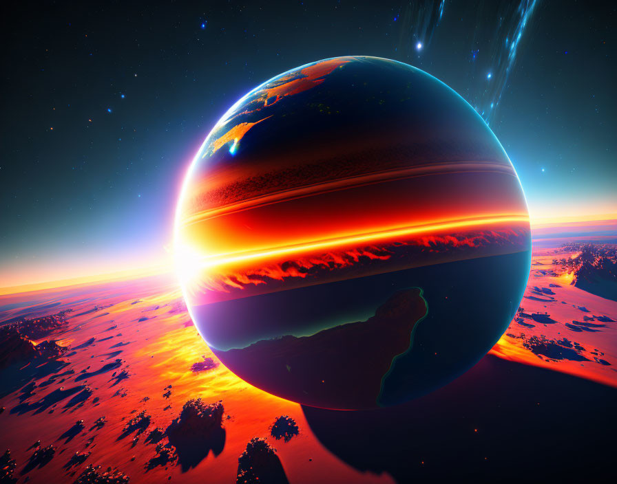 Alien planet digital art with fiery horizon and starry sky