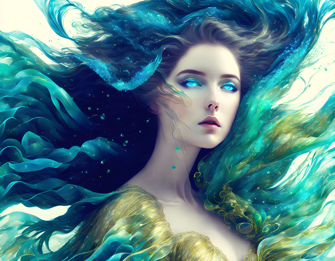 Surreal portrait of woman blending into waves and seafoam in blue and gold hues