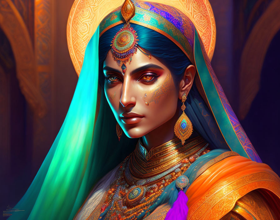 Digital art portrait of woman in ornate Indian attire and jewelry with blue and orange headscarf