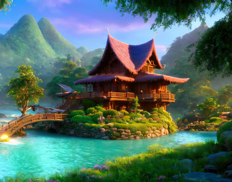 Traditional wooden house with thatched roof on lush green island by blue river, bridge, misty mountains