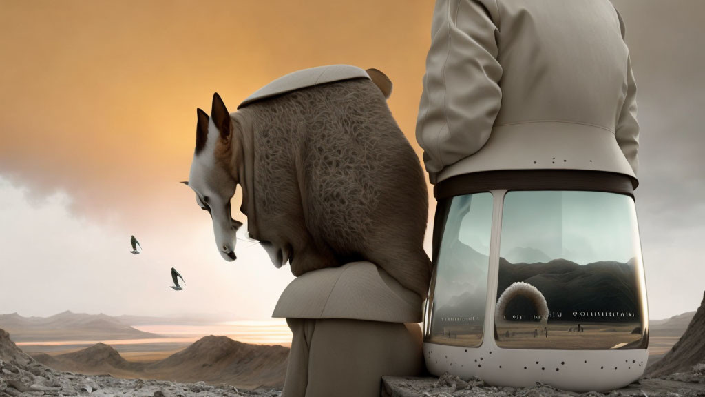 Person in surreal landscape with glass dome lower body and husky