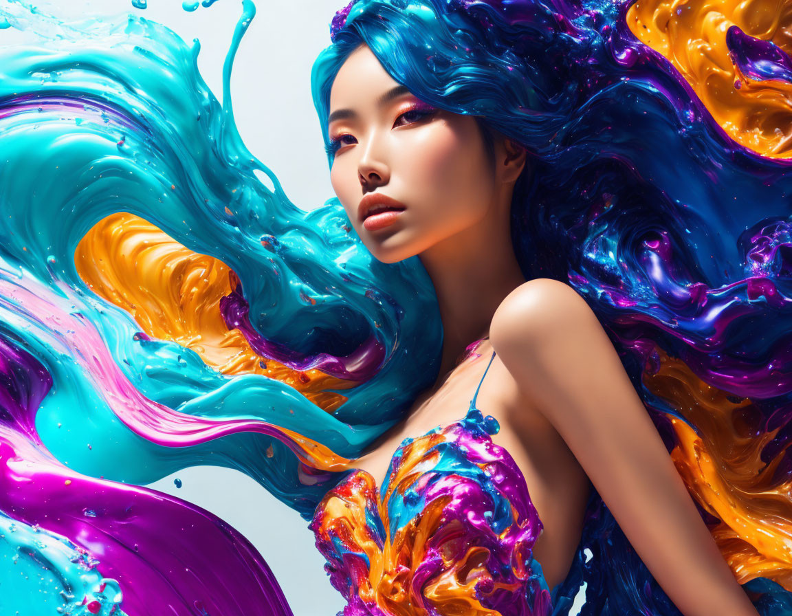 Blue-haired woman blended in vibrant swirl of liquid colors