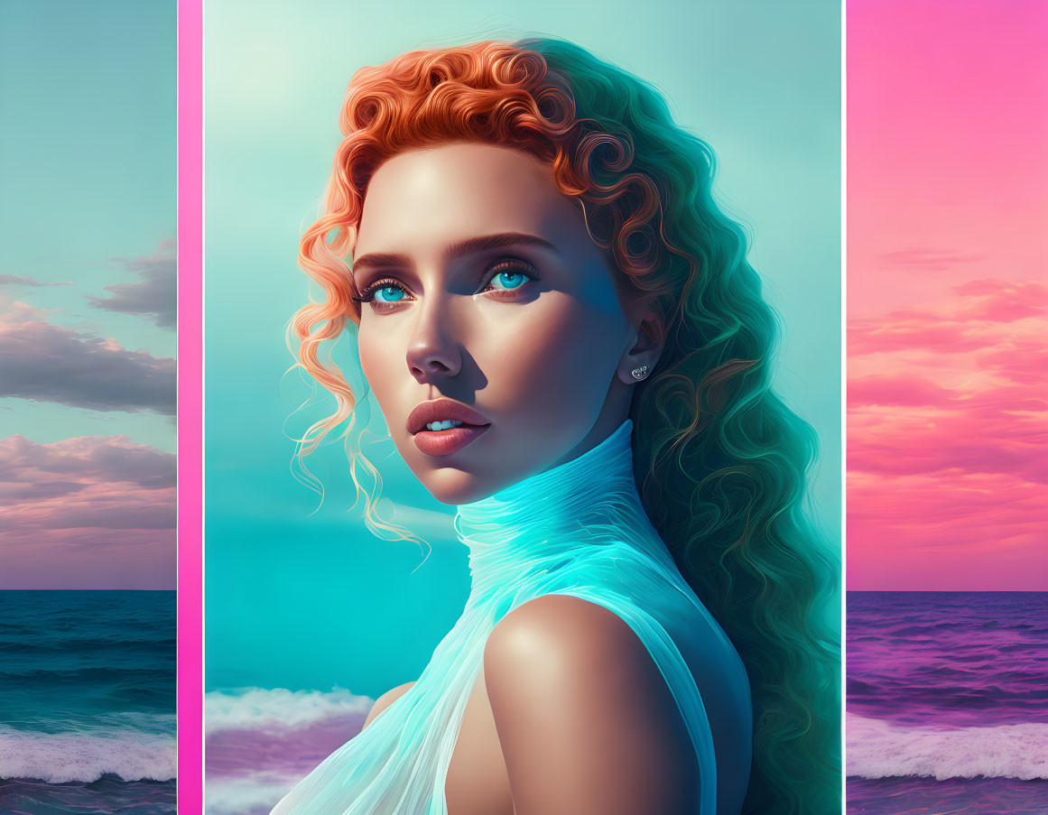 Stylized portrait of woman with red curly hair against triptych backgrounds