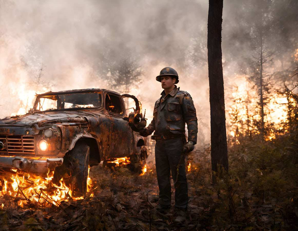 Firefighter near burning vehicle in forest fire scene