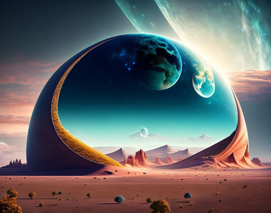 Surreal desert landscape with colossal planet and celestial bodies