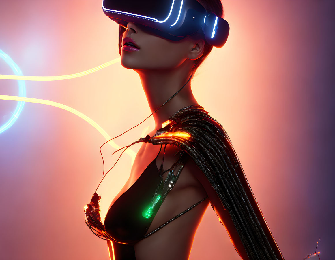 Futuristic woman in VR headset with tech-augmented attire