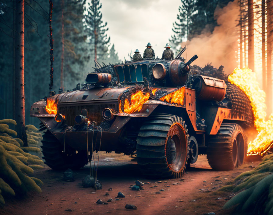 Armored vehicle with flaming exhausts in forest setting