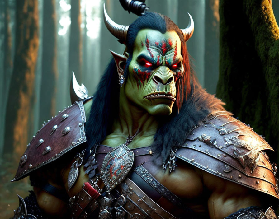 Green-skinned orc in studded leather armor with red war paint and horns in forest