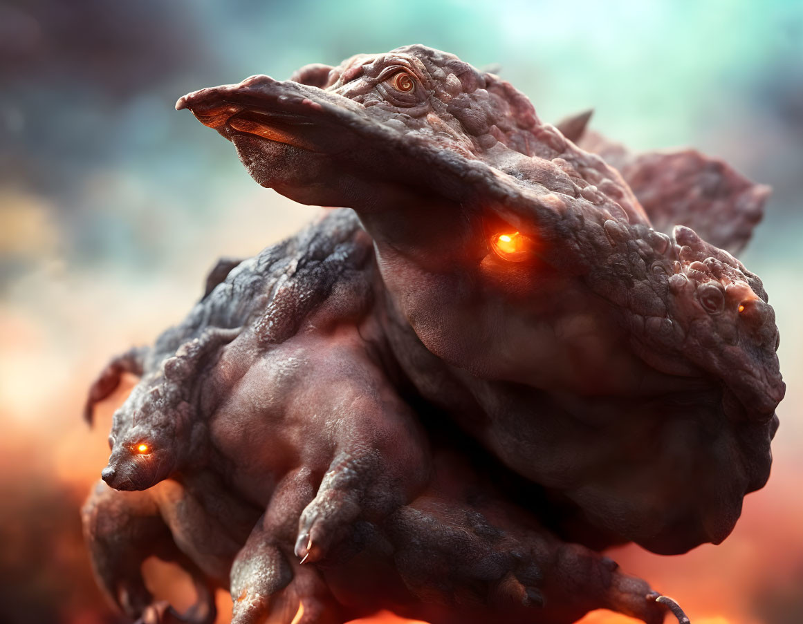 Fantastical dragon-like creature with glowing orange eyes and textured scaly skin on warm blurry background