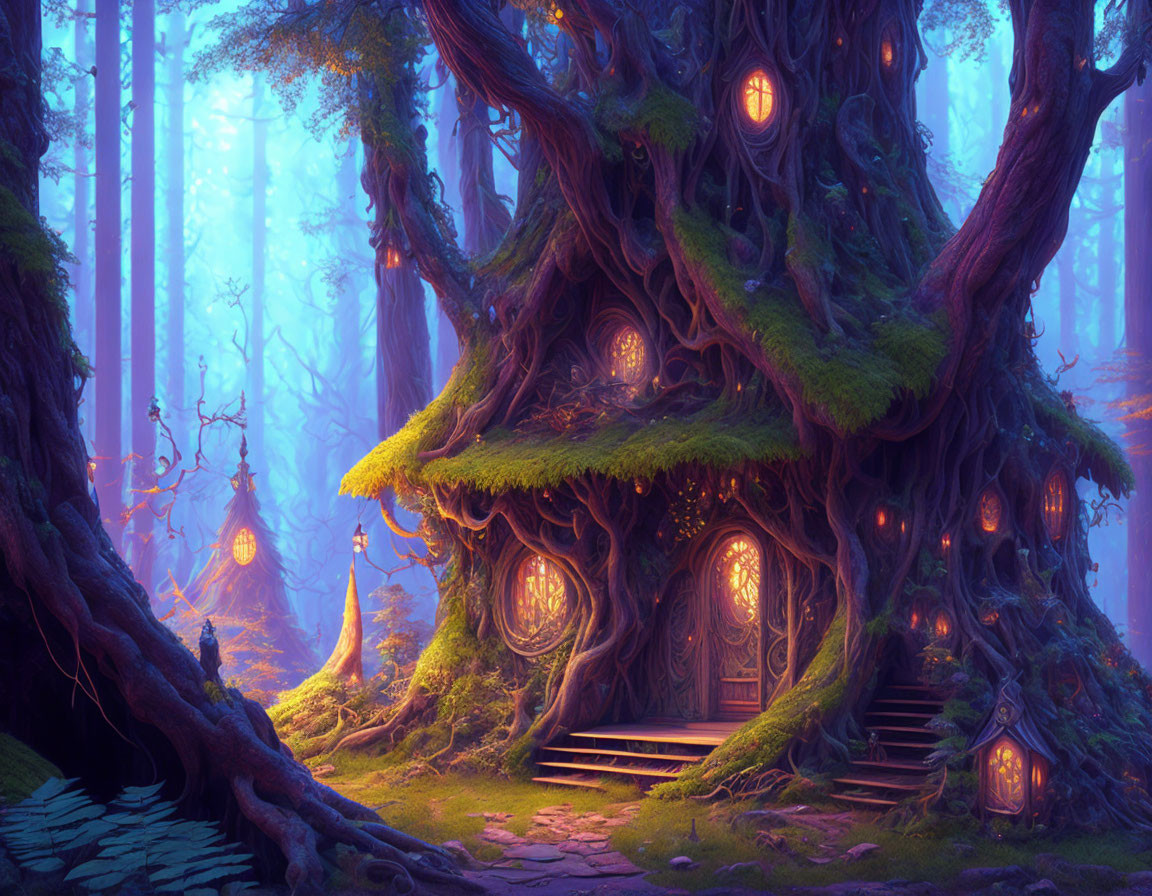 Mystical treehouse in enchanting forest with glowing windows