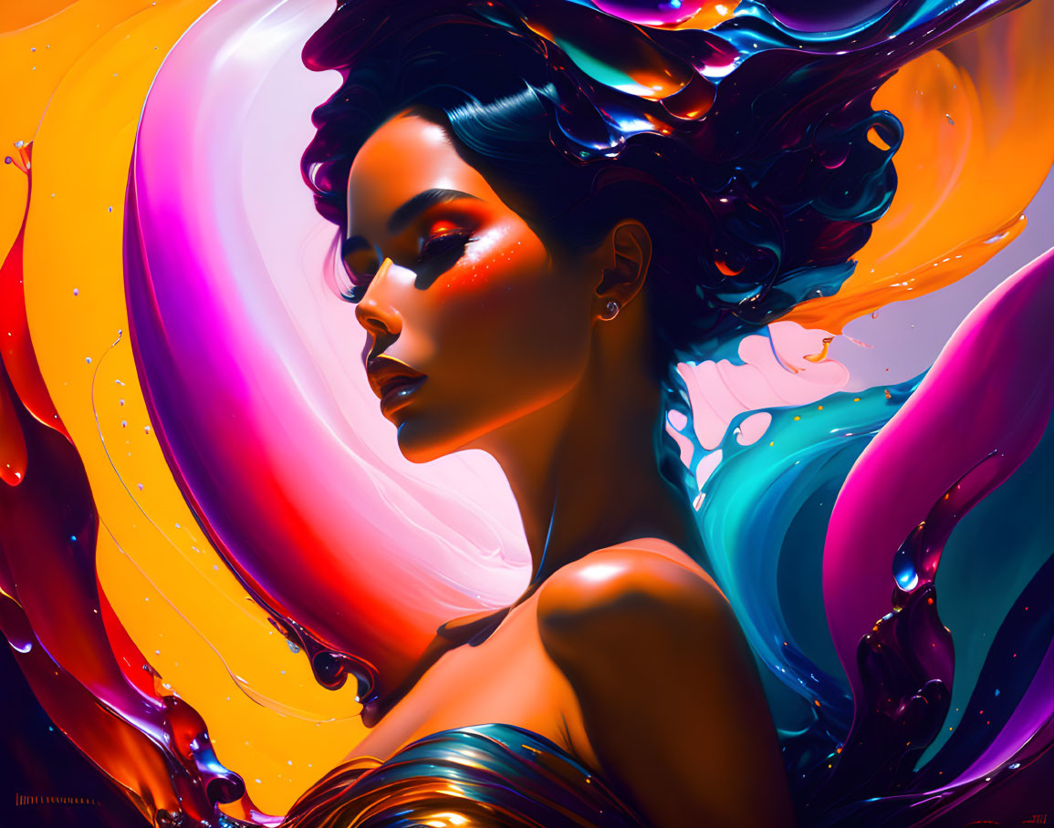 Colorful digital artwork of woman with swirling patterns & liquid-like shapes