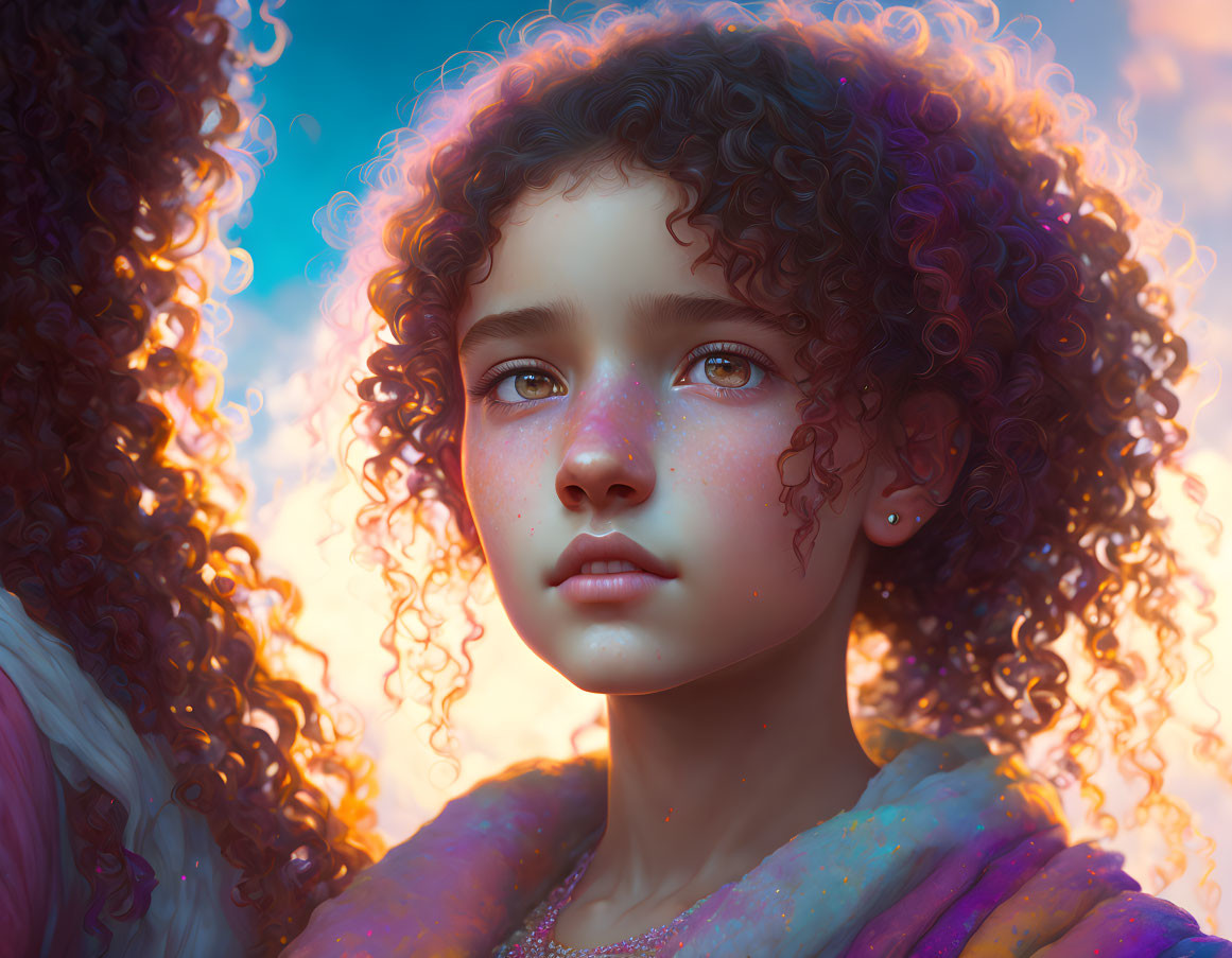 Digital artwork: Young girl with curly hair, gazing at colorful sky