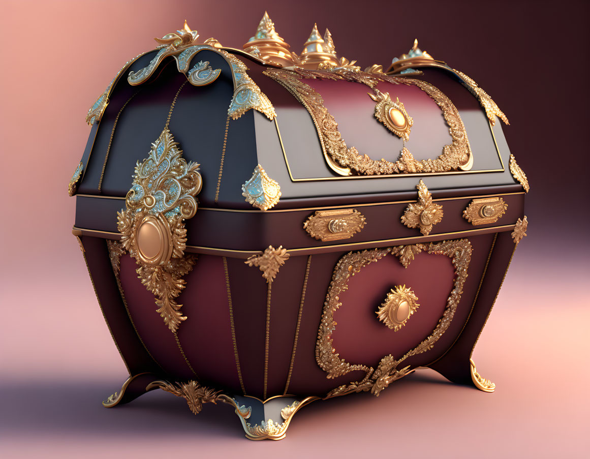 Baroque-style treasure chest with gold details on mauve background