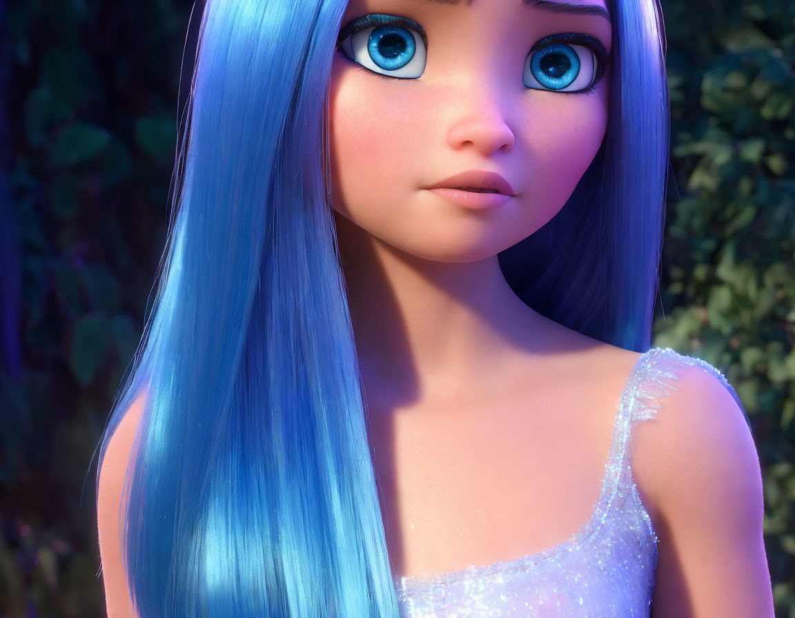 3D-animated female character with blue eyes and long light blue hair in shimmering dress