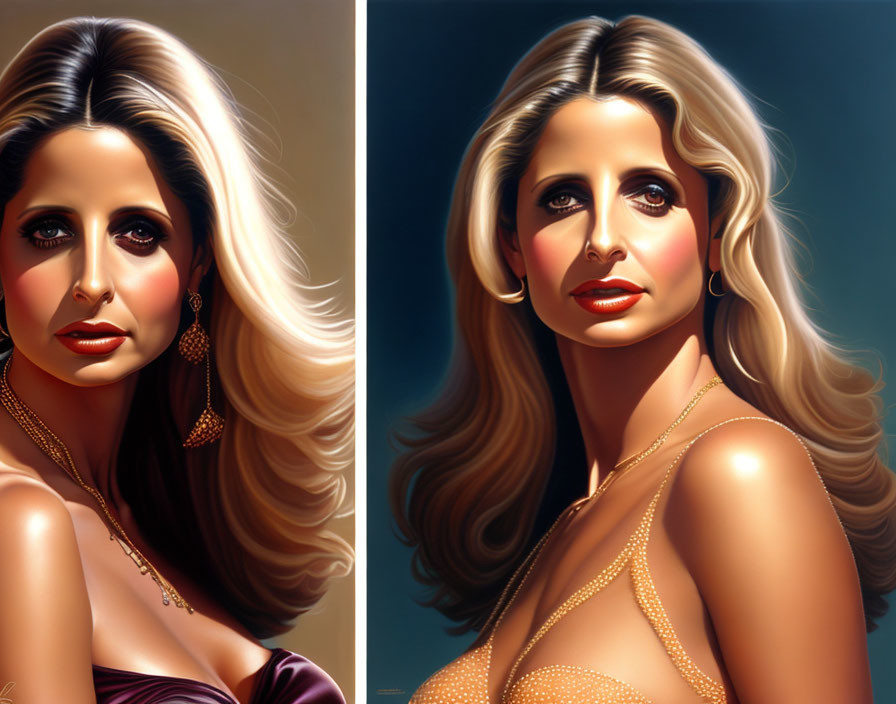 Stylized diptych: Woman portrait with long wavy hair and low-cut dress