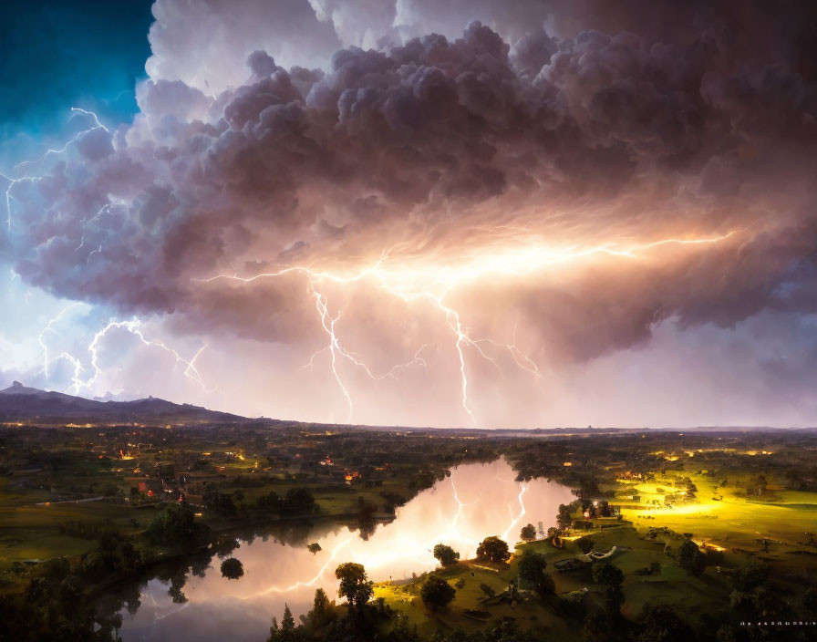 Thunderstorm with Lightning Strikes Over Serene Landscape