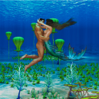 Merpeople Embracing Among Green Plants and Jellyfish