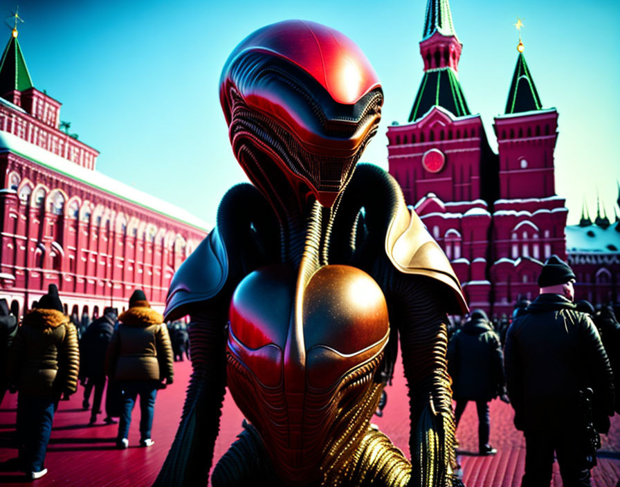 Futuristic armored being in historical square with iconic architecture