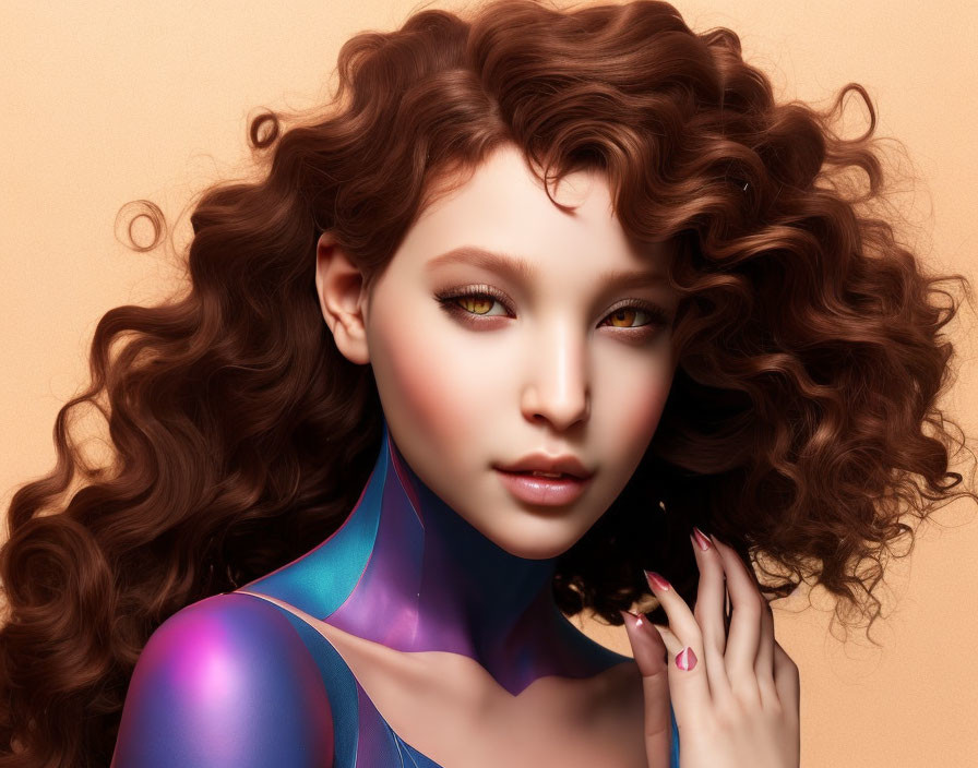 Digital Art: Woman with Curly Hair, Yellow Eyes, Blue Outfit