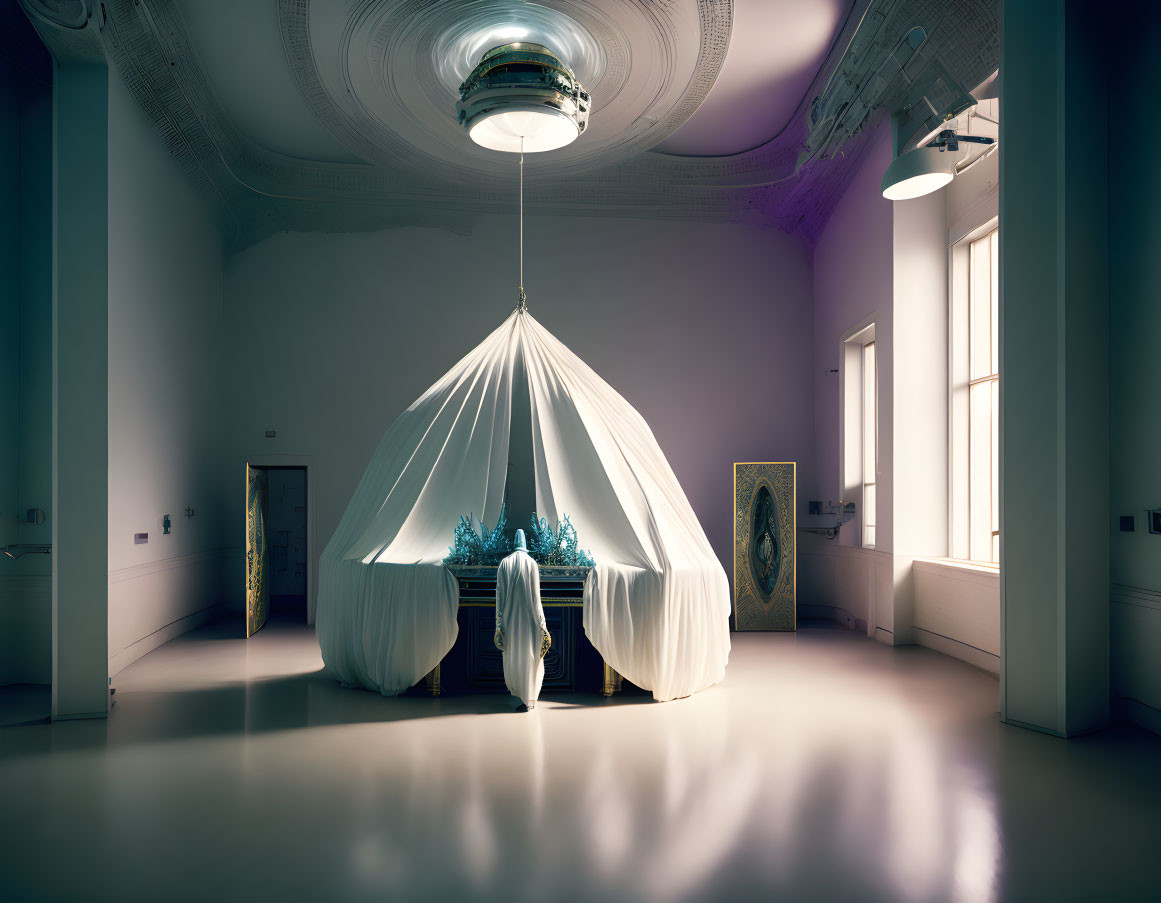 Luxurious white drapes in ornate room with warm lighting