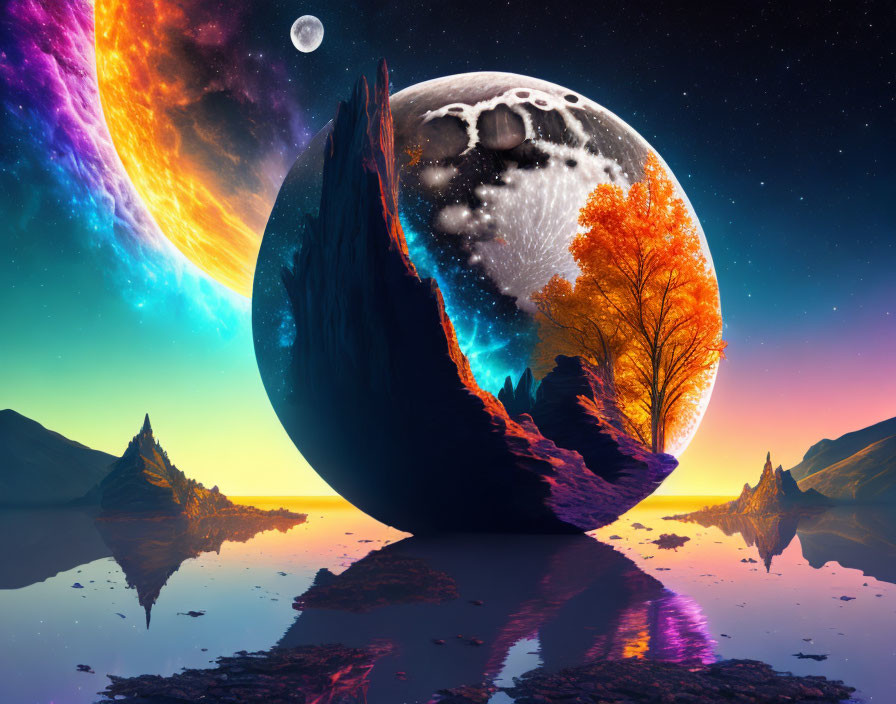 Colorful Tree and Celestial Bodies in Surreal Landscape