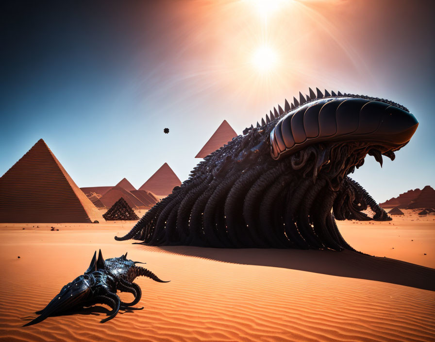 Alien creatures and Giza pyramids under blazing sun.