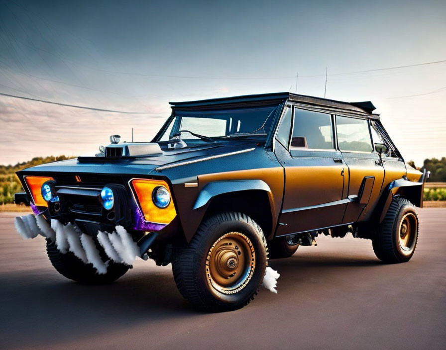 Vintage Off-Road Vehicle with Matte Black & Gold Paint, Mounted Lights, Chunky Tires Out