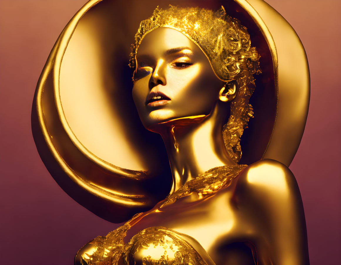 Golden portrait of woman with metallic sheen & intricate headpiece on purple background