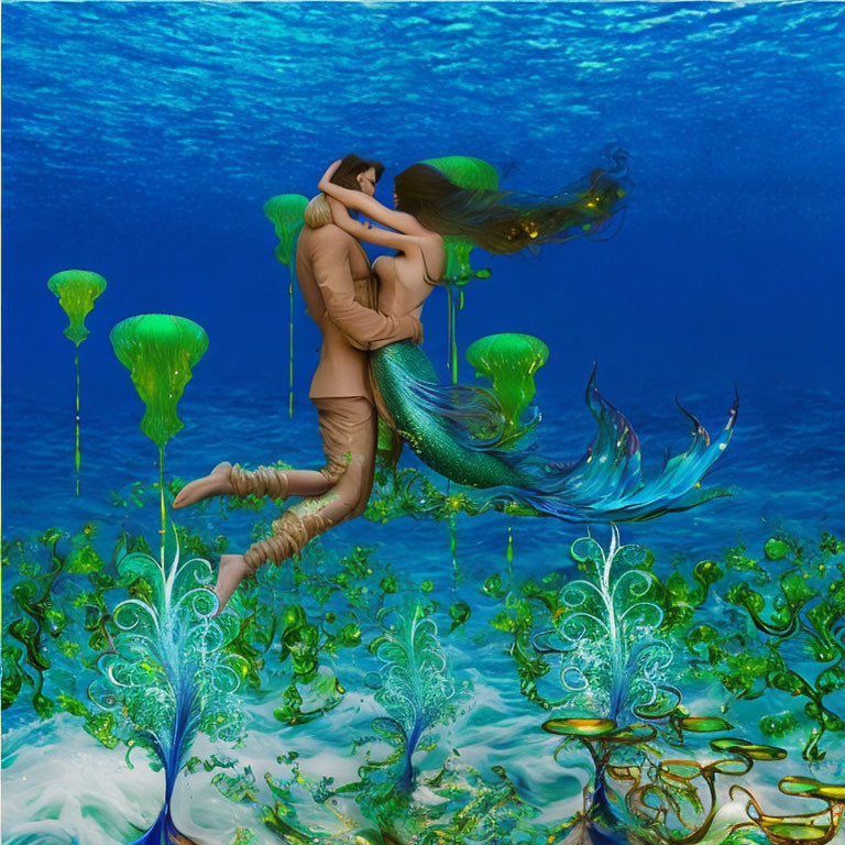 Merpeople Embracing Among Green Plants and Jellyfish