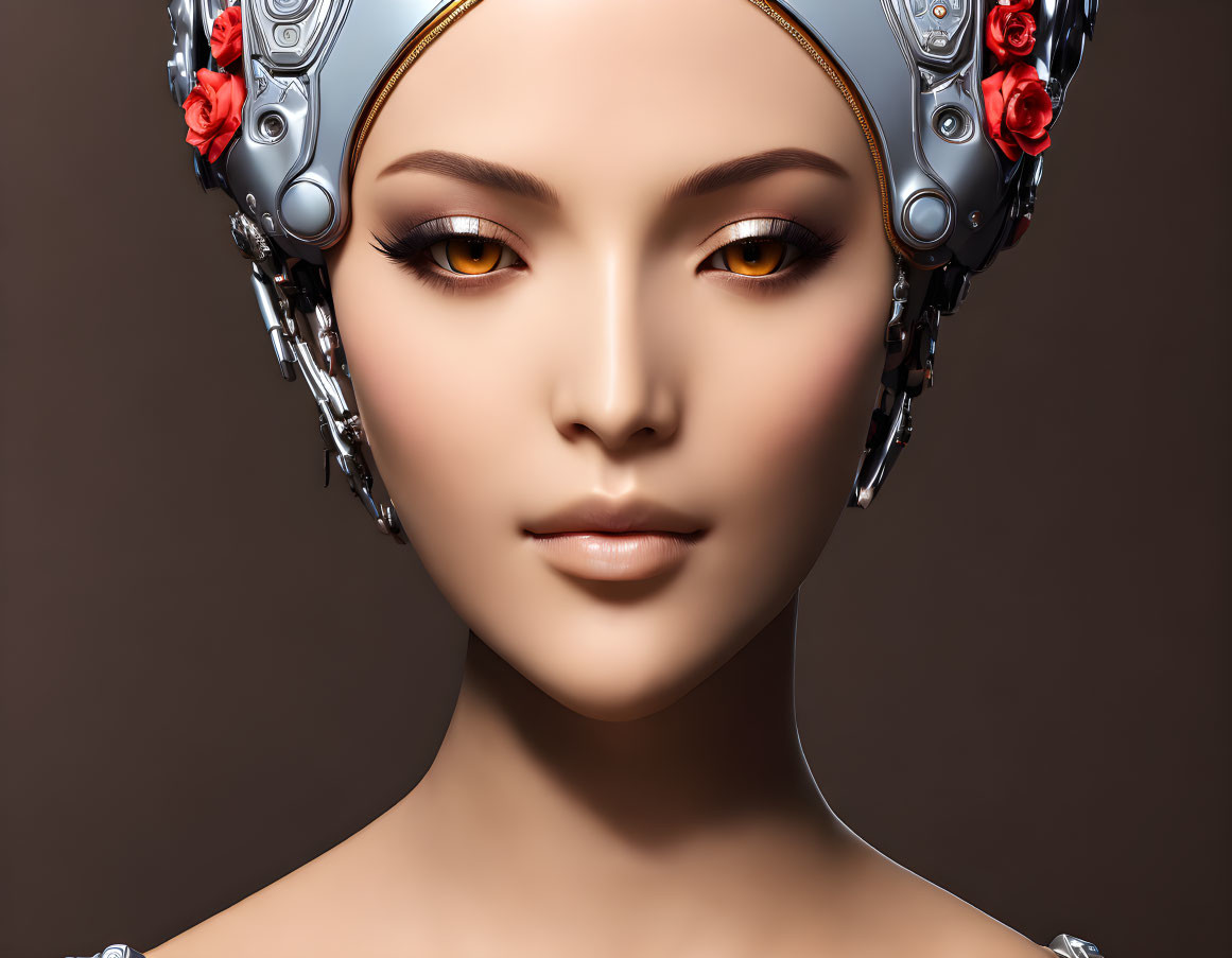 Female robot with metallic headpiece and red rose adornments