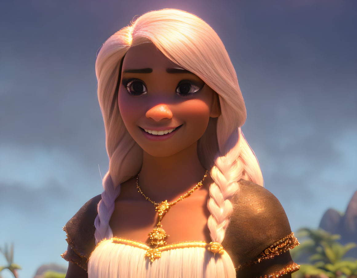 Blonde Braided Hair Female Character in Golden Dress Smiling