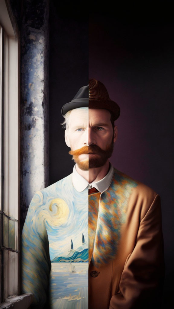 Split portrait: Man in hat merges with "Starry Night" on left, realistic style on right