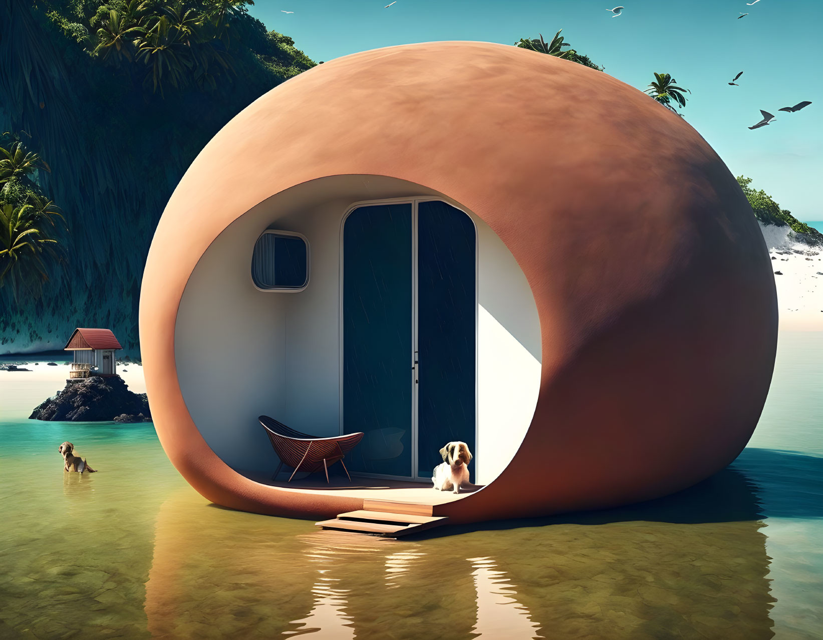 Futuristic spherical cabin on tropical beach with dog, palm trees, and birds