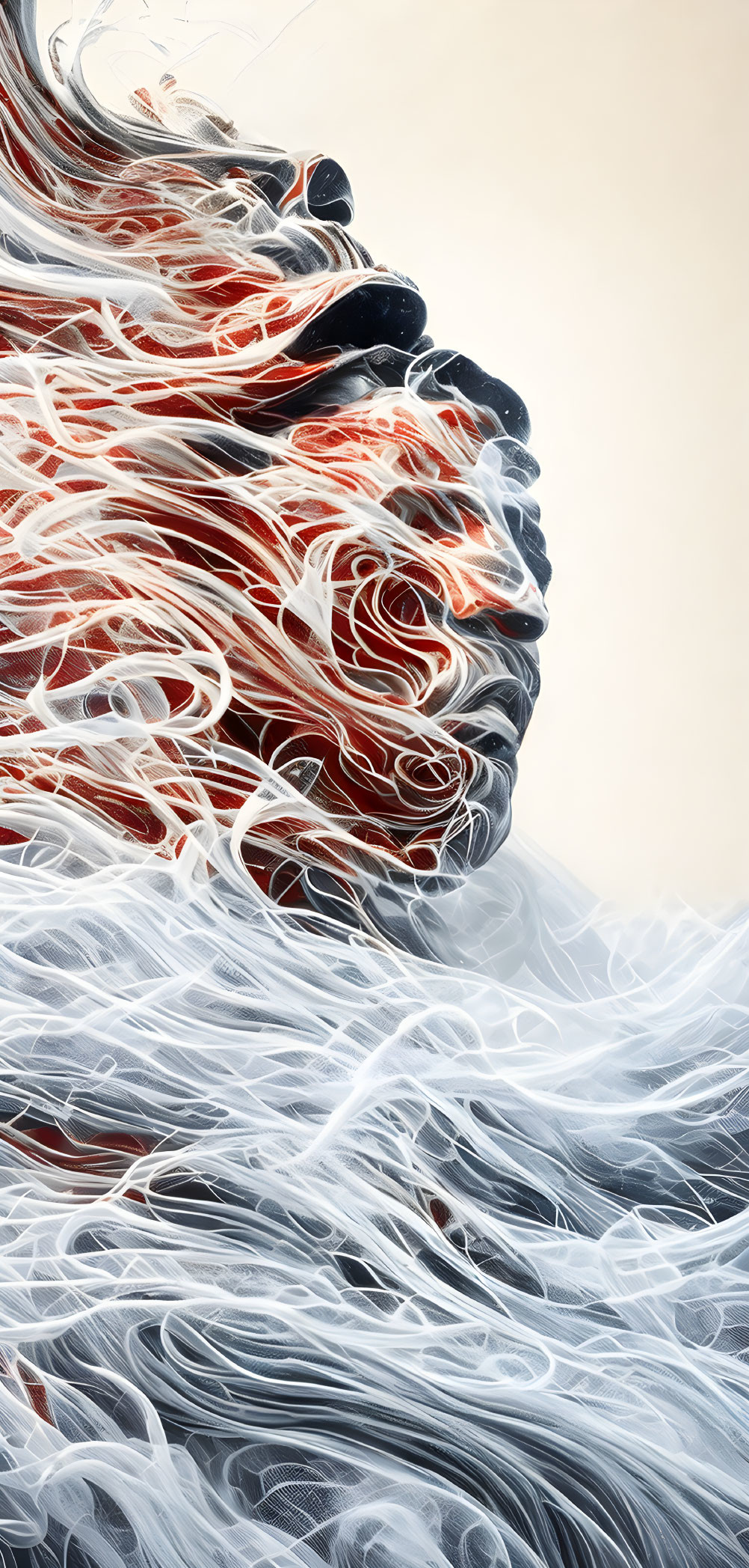 Digital artwork: Profile view of human face with swirling red and white lines transitioning to blue and white.